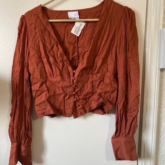 Skylar Madison Blouse Medium Rust Orange VNeck Long Sleeve Button NWT small snag - Picture 2 of 6